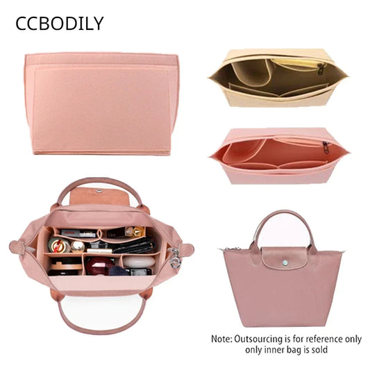 CCBODILY Bag Organizer for Longchamp Handbag Felt Liner Travel Purse Insert with Pockets Makeup Bag Support Fit Various Bags