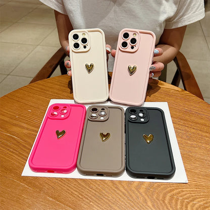 3D Gold Heart Silicone Soft Phone Case - Shockproof Candy Matte Cover for iPhone 14/15/16 Plus, Pro, Max