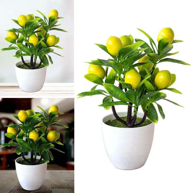 artificial lemon bonsai potted plant - 18cm decorative fake tree for home, living room, bridal shower, exhibition, outdoor use, realistic plastic foliage, easy care