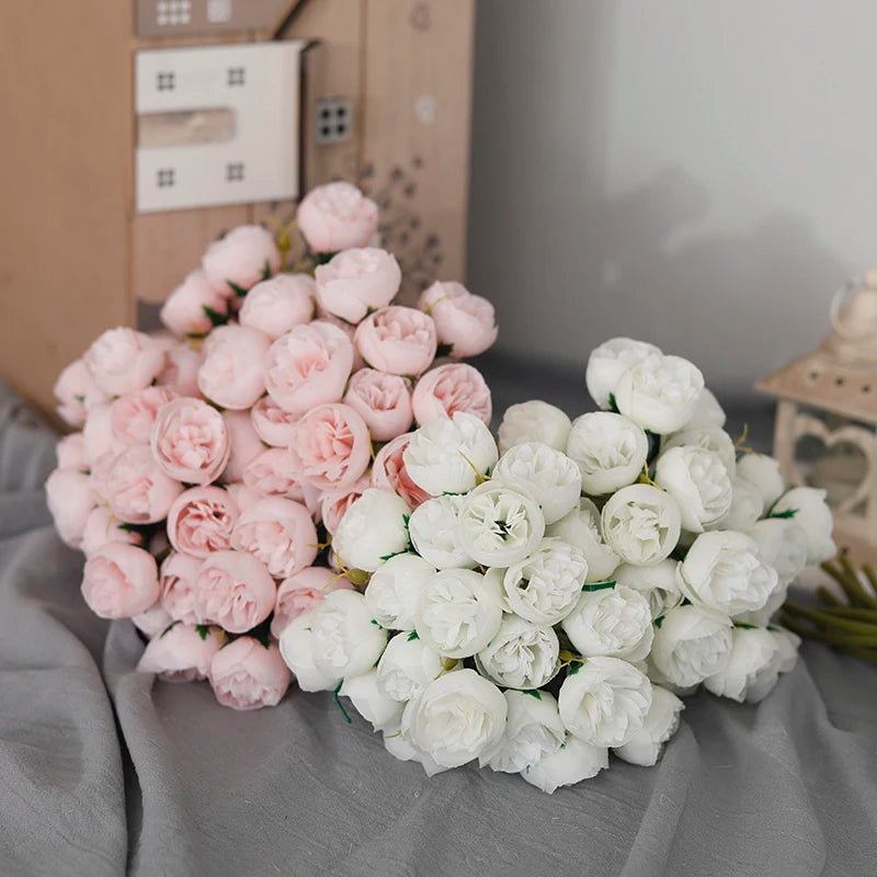 silk roses & peonies bouquet, 27 heads, pink, white, purple, artificial flowers for home decor, wedding, parties, indoor use, table vase arrangement