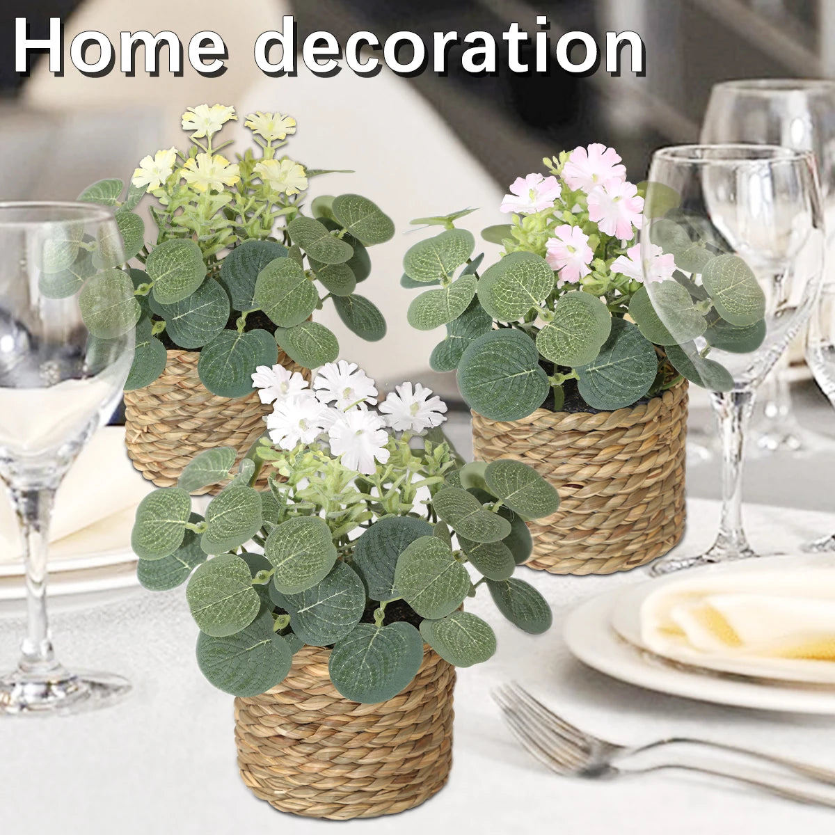 artificial eucalyptus plant, green potted grass, 11cm decorative plastic leaves for home, office, desktop, outdoor and exhibition usage