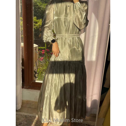 Eid Ramadan Muslim Women's Elegant Pleated A-Line Dress Abaya Kaftan Robe for Celebrations, Perfect for Spring Summer Events, Comfortable and Stylish Design