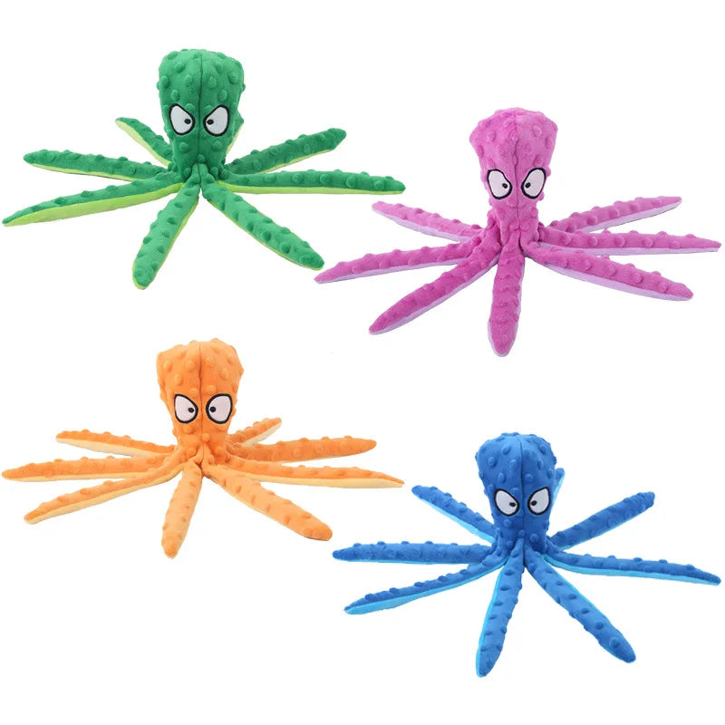 interactive plush octopus dog toy, sturdy fleece chew with squeaker, durable bite-resistant for puppies, fun play in blue, green, orange, purple - mental & physical stimulation