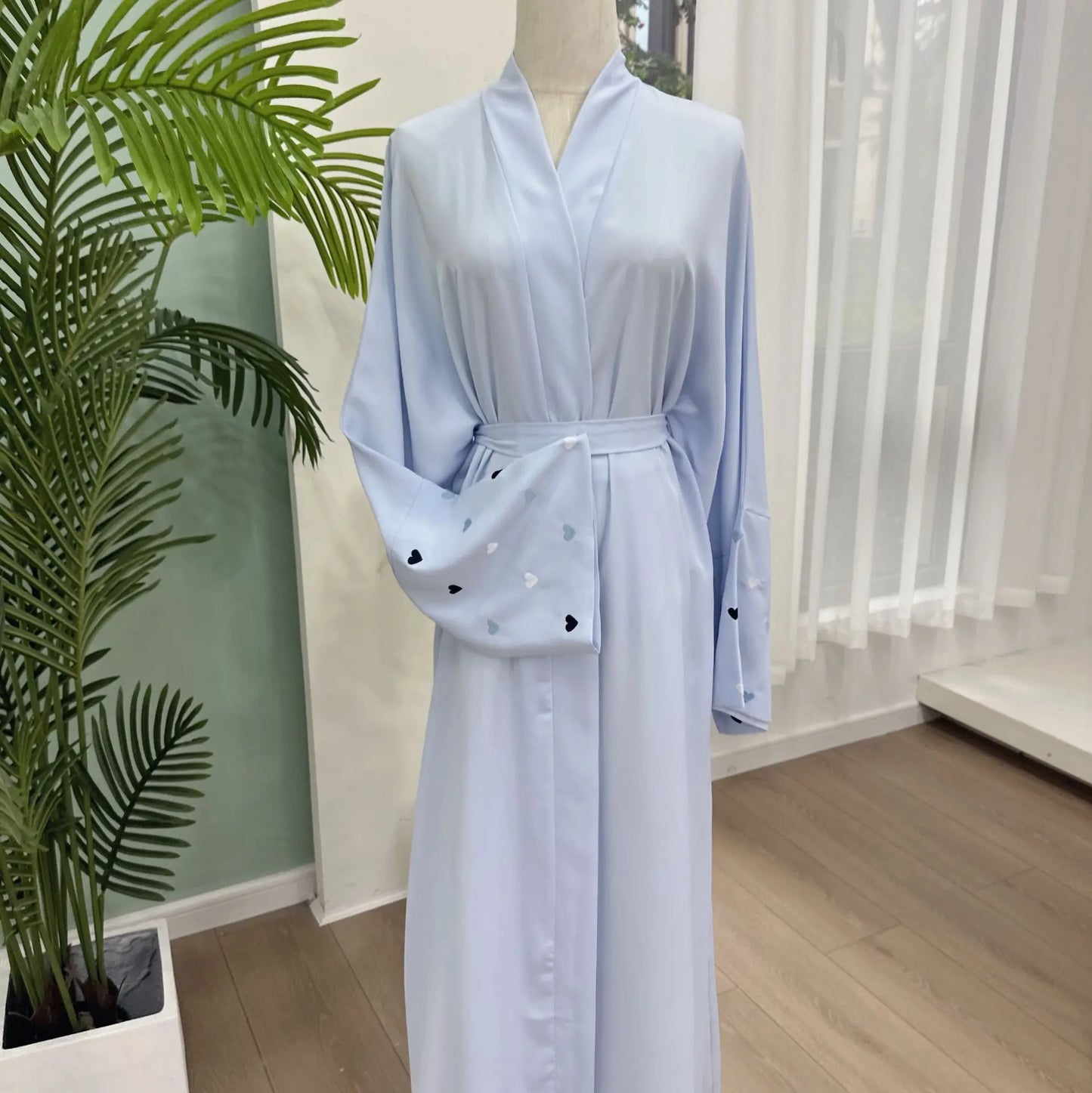love heart embroidery soft open front abaya luxury kaftan women robe for stylish layering, comfortable fit, versatile cardigan - perfect for casual and formal occasions