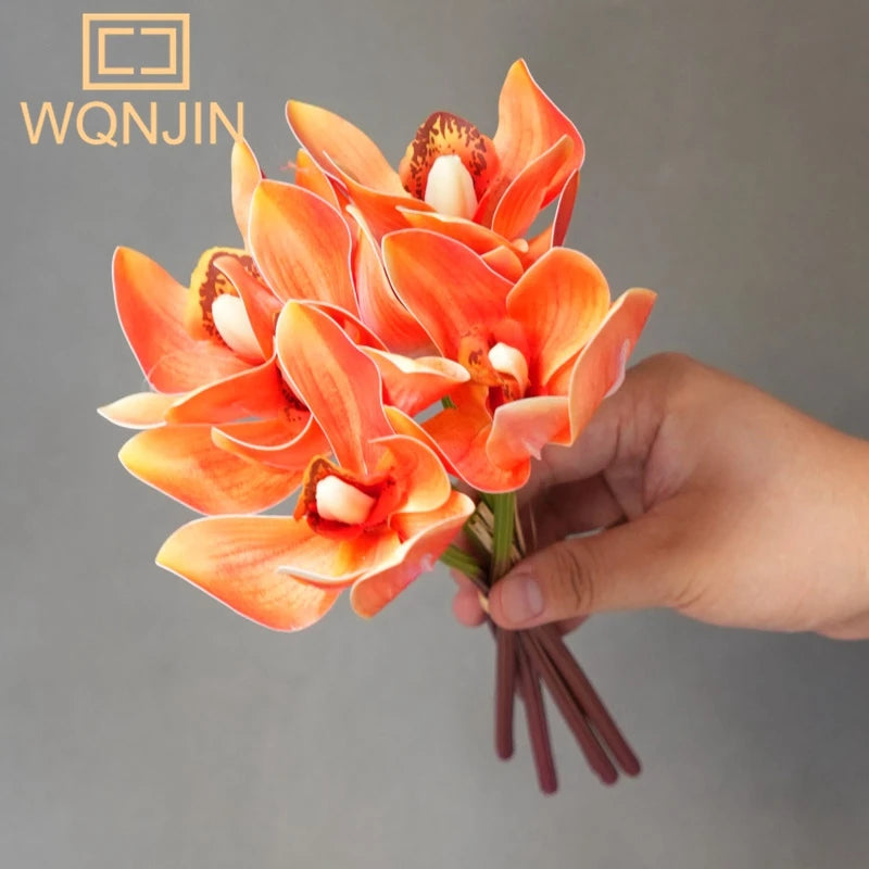 artificial orchid bouquet, 6pcs - real touch cymbidium flowers for home decor, wedding bridal bouquets, table centerpieces, photography props - indoor use, non-woven fabric