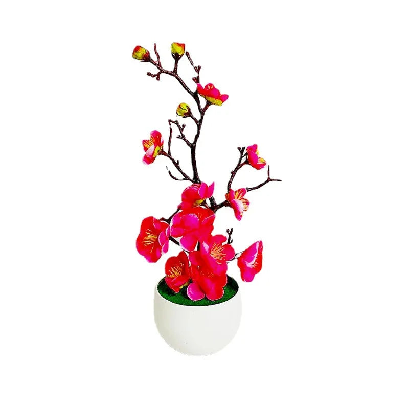 artificial plum blossom bonsai plant with pot | indoor decorative silk flower arrangement for home, office, celebrations, parties, weddings | plastic material
