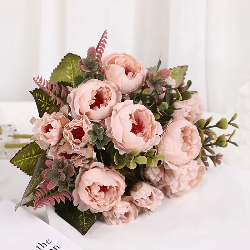 silk peony artificial flowers bouquet, 30cm decorative faux floral arrangement, indoor peonies for home, wedding, bridal shower, party, hotel table and vase décor