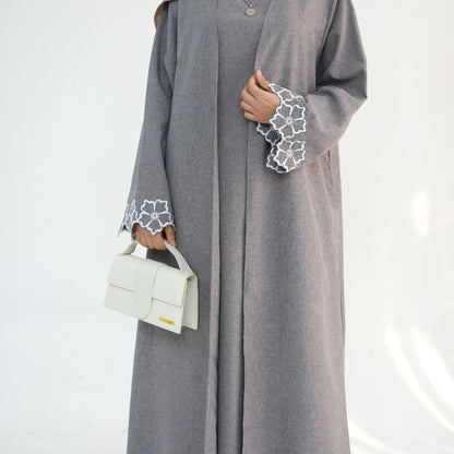 Eid Ramadan Gray Embroidery Abaya Dubai Luxury Muslim Cardigan Robe Clothing for Women, Elegant Islamic Fashion, Perfect for Celebrations and Casual Wear
