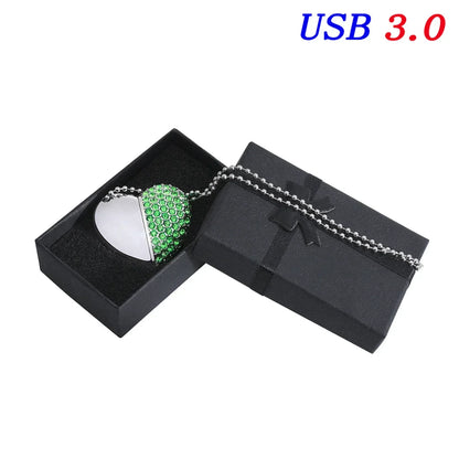 USB 3.0 Metal Diamond Crystal Heart Pink Box USB Flash Drive 16GB 32GB 64GB 128GB Memory Stick Thumb Drive Creative Gift U Disk