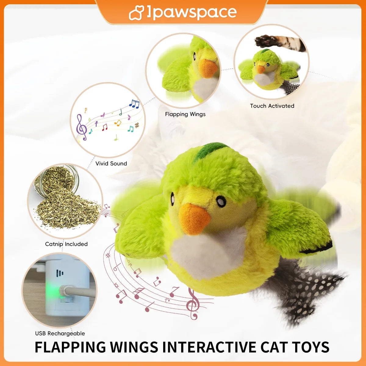 interactive cat toy with rechargeable battery, feather and chirping features, touch activated, durable play, engaging for kittens and adults, pet entertainment accessory