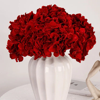 Silk Hydrangea Artificial Flowers Bouquet, 5 Large Heads, Red Floral Arrangement for Home, Wedding, Anniversary, Parties, Indoor Decor