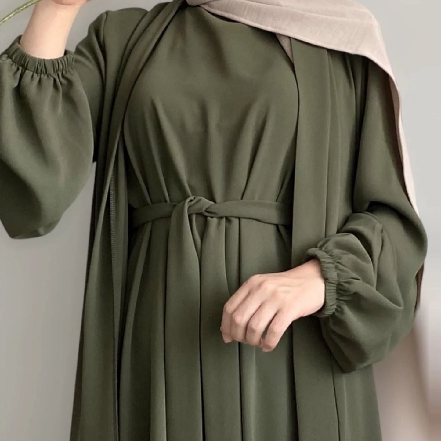 2/3 piece set solid color muslim dress loose long sleeves abaya clothing for women, modest fashion, lightweight ramadan outfit, elegant prayer dress with pockets and belt