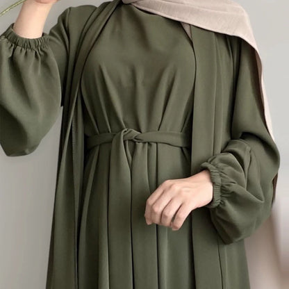 2/3 Piece Set Solid Color Muslim Dress Loose Long Sleeves Abaya Clothing for Women, Modest Fashion, Lightweight Ramadan Outfit, Elegant Prayer Dress with Pockets and Belt