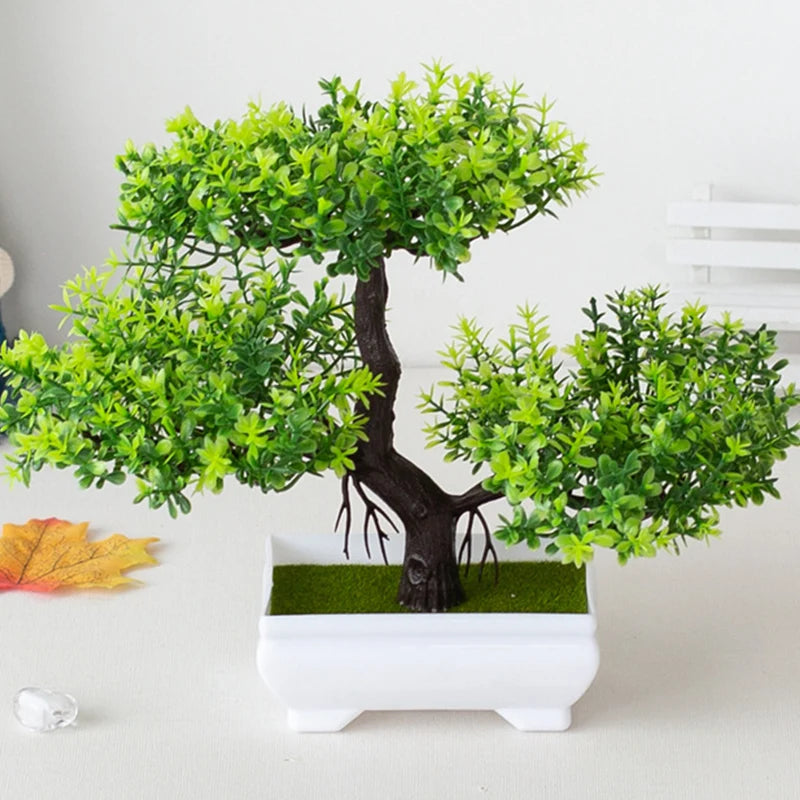 artificial bonsai tree decor, small plastic potted plant for home and office, fake plant desktop ornament, ideal for bridal showers, gardens, and outdoor exhibits