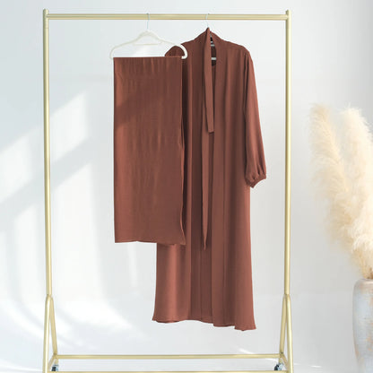 2/3 Piece Set Solid Color Muslim Dress Loose Long Sleeves Abaya Clothing for Women, Modest Fashion, Lightweight Ramadan Outfit, Elegant Prayer Dress with Pockets and Belt