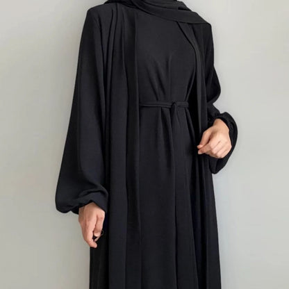 2/3 Piece Set Solid Color Muslim Dress Loose Long Sleeves Abaya Clothing for Women, Modest Fashion, Lightweight Ramadan Outfit, Elegant Prayer Dress with Pockets and Belt