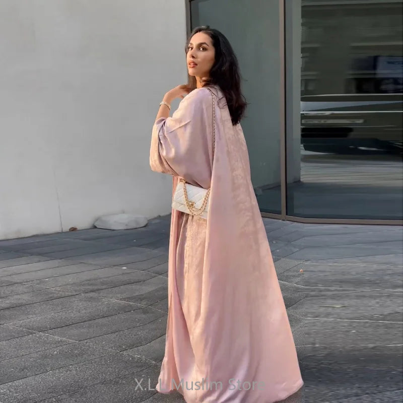 shiny satin batwing abaya caftan femme open abayas luxury kaftan for women dubai turkey kebaya outfit robe clothing musulmane - elegant and stylish fashion