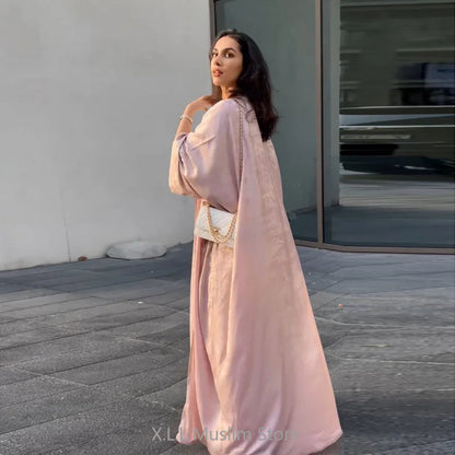 Shiny Satin Batwing Abaya Caftan Femme Open Abayas Luxury Kaftan for Women Dubai Turkey Kebaya Outfit Robe Clothing Musulmane - Elegant and Stylish Fashion