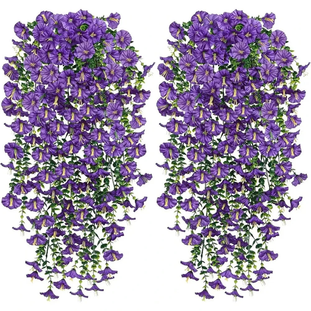 75cm white crochet artificial morning glory flowers wall hanging vine, faux violet plant for home, garden, wedding and outdoor decoration (2pcs)