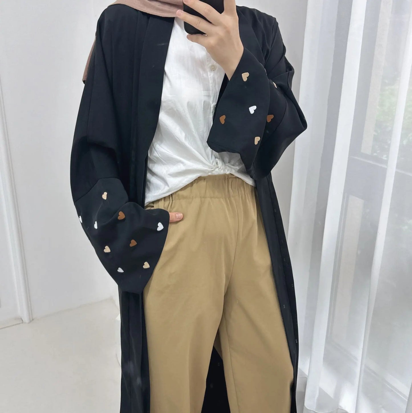 love heart embroidery soft open front abaya luxury kaftan women robe for stylish layering, comfortable fit, versatile cardigan - perfect for casual and formal occasions