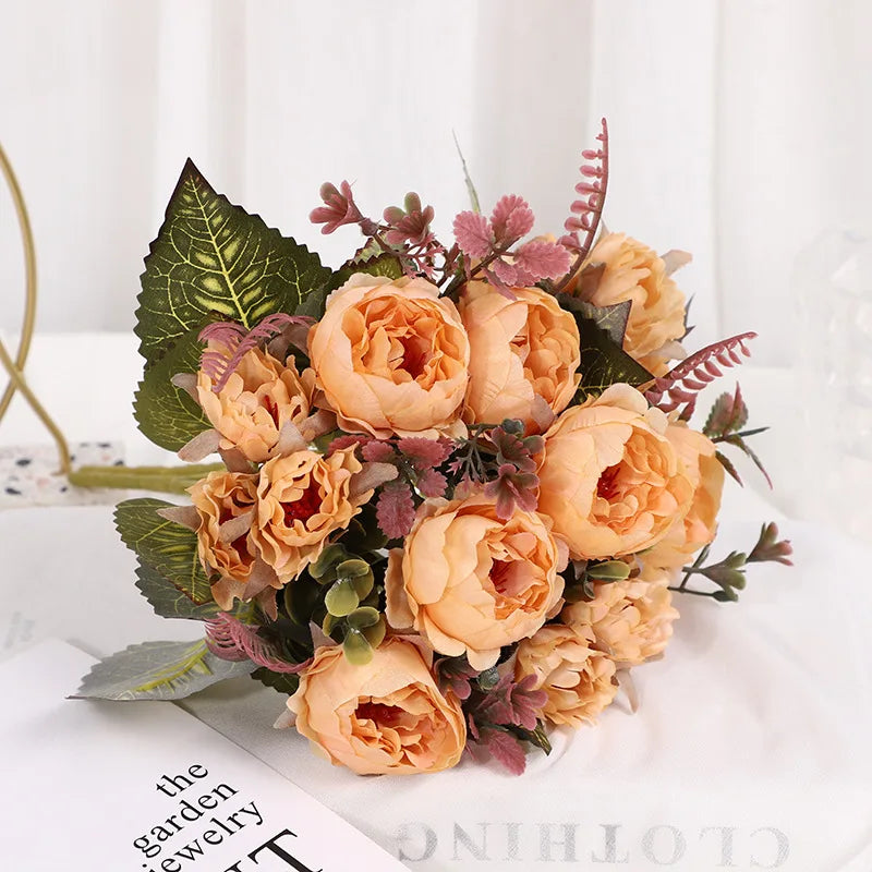 silk peony artificial flowers bouquet, 30cm decorative faux floral arrangement, indoor peonies for home, wedding, bridal shower, party, hotel table and vase décor