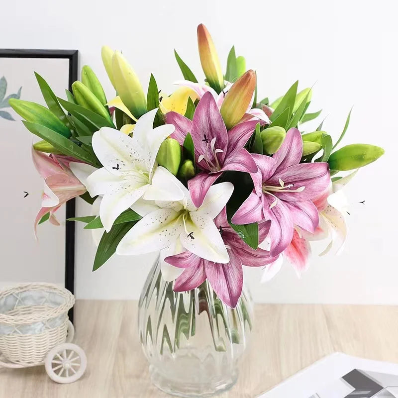 artificial lily flowers 3 heads, real touch plastic, white pink purple, wedding home party garden office indoor decor, 41cm long, 15cm bloom, floral arrangement