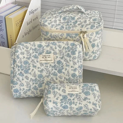 B0CL3BT4GL 1pcs Cotton Blue Flower Women Cosmetic Bag Fabric Storage Bags Small Big Capacity Travel Organzier Pouch Women Makeup Case