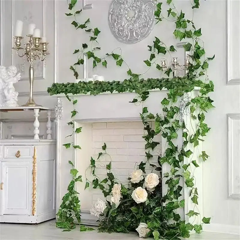 artificial green ivy leaf garland 2.1m, silk rattan hanging vine for wall decor, home and garden decoration, wedding party, outdoor exhibition, diy fake wreath leaves