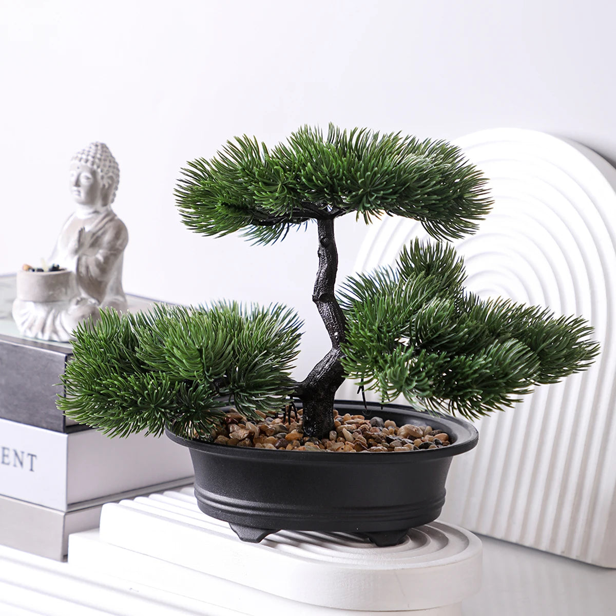 artificial bonsai tree decor with black planter - zen garden accent for home, office, party - durable plastic material for indoor and outdoor display