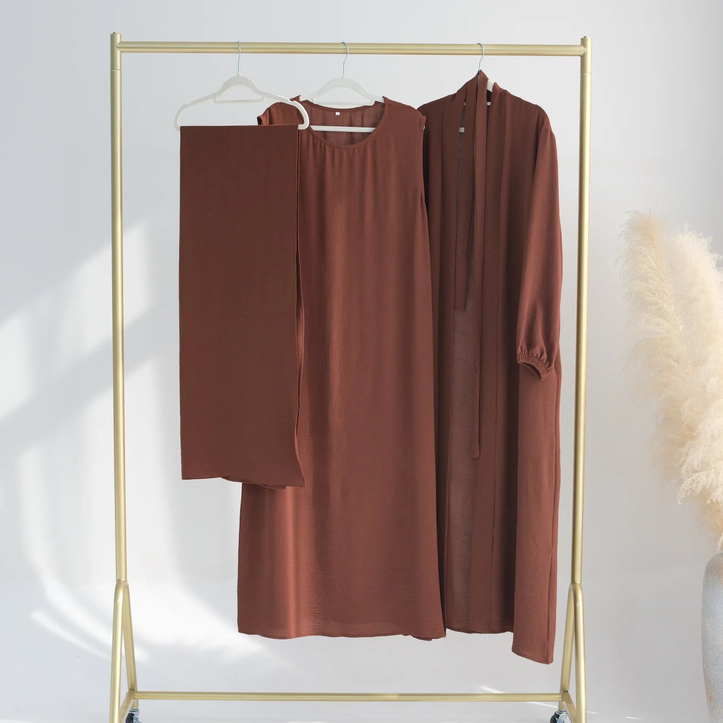 2/3 piece set solid color muslim dress loose long sleeves abaya clothing for women, modest fashion, lightweight ramadan outfit, elegant prayer dress with pockets and belt