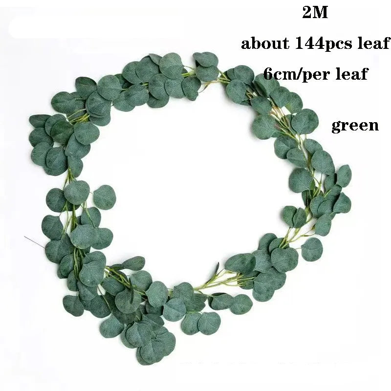 artificial eucalyptus garland 2m green leaf vines for wedding, home party, arch, garden, and outdoor hanging decoration, greenery rattan plant decor