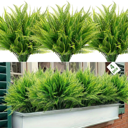 4 Pack UV Resistant Artificial Boston Ferns | Plastic Faux Shrubs for Outdoor & Indoor Décor | Greenery for Home, Garden, Yard, Office, Desktop Display or Exhibition