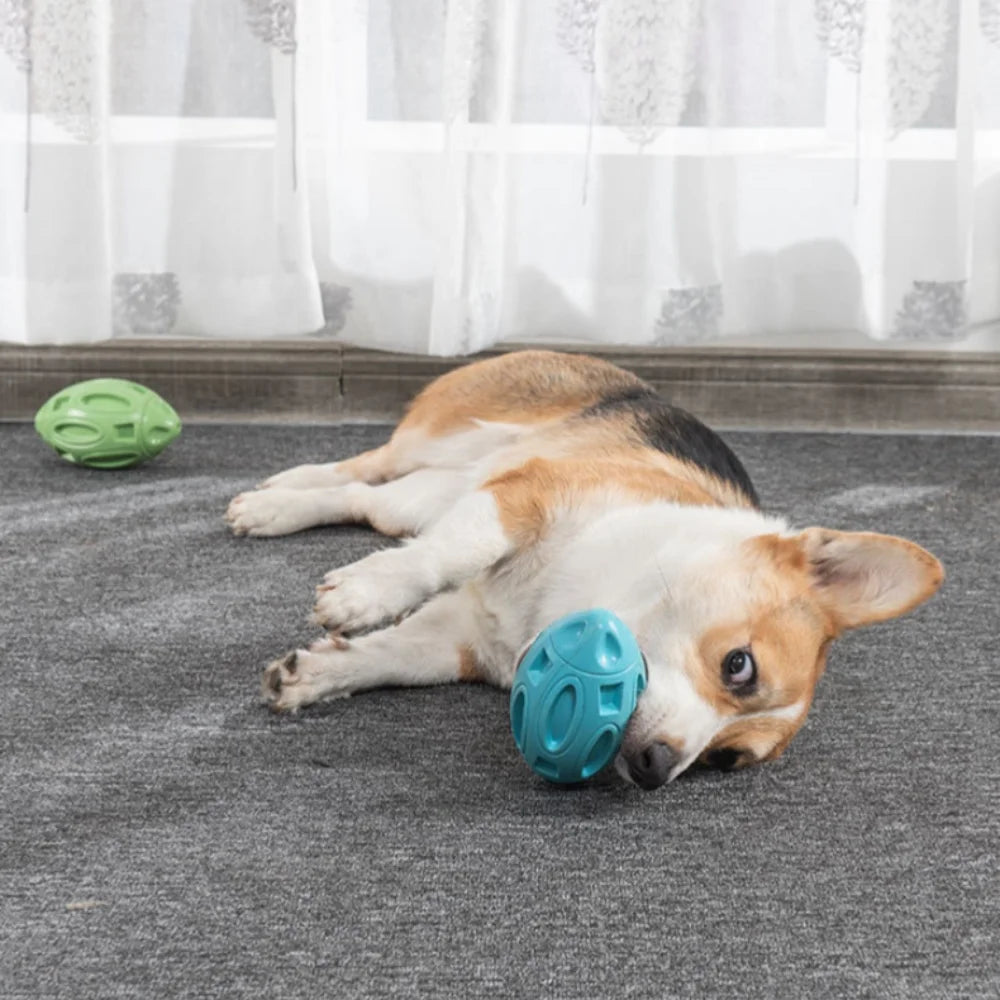 interactive squeaky dog toy ball rubber rugby - teeth cleaning, training, outdoor play fun - durable, vibrant colours: rose red, sky blue, green, perfect for all dogs