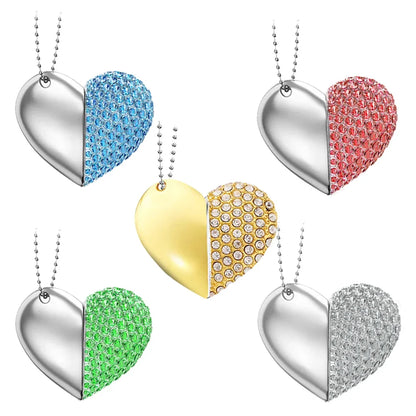 USB 3.0 Heart Necklace Flash Drive 64GB - Stylish Crystal & Metal Memory Stick in Gold, Silver, Blue, Pink, Green - Perfect for Wedding, Creative or Business Gifts