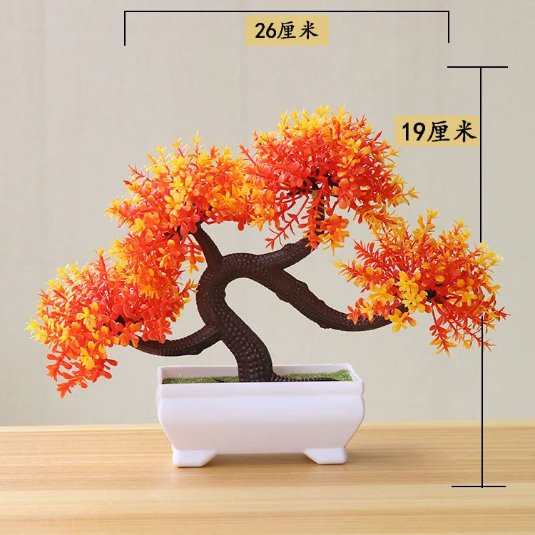 artificial bonsai tree decorative plant, plastic fake flowers with pot, desktop ornament for home, office, hotel, garden, anniversary, and exhibition use