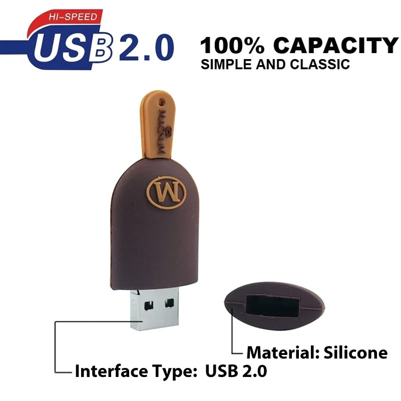 whimsical cartoon ice cream usb flash drive 128gb/64gb/32gb in chocolate design, perfect for kids’ gifts, photography, business or wedding, portable silicone memory stick