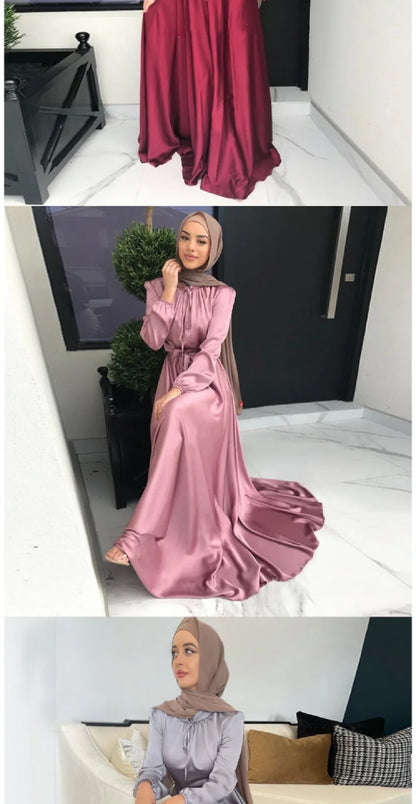 Muslim Women Abaya Dubai Luxury Dress Evening Long Satin Robe - Elegant Modest Wear for Special Occasions, Comfortable Fit, Available in Multiple Colors and Sizes S to XXL