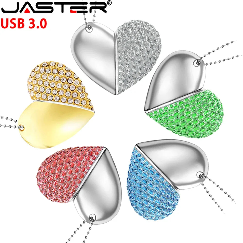 usb 3.0 heart necklace flash drive 64gb - stylish crystal & metal memory stick in gold, silver, blue, pink, green - perfect for wedding, creative or business gifts