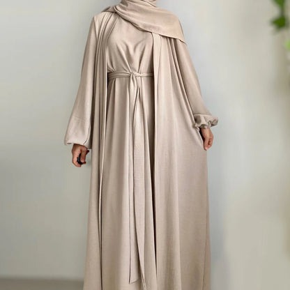 2/3 Piece Set Solid Color Muslim Dress Loose Long Sleeves Abaya Clothing for Women, Modest Fashion, Lightweight Ramadan Outfit, Elegant Prayer Dress with Pockets and Belt