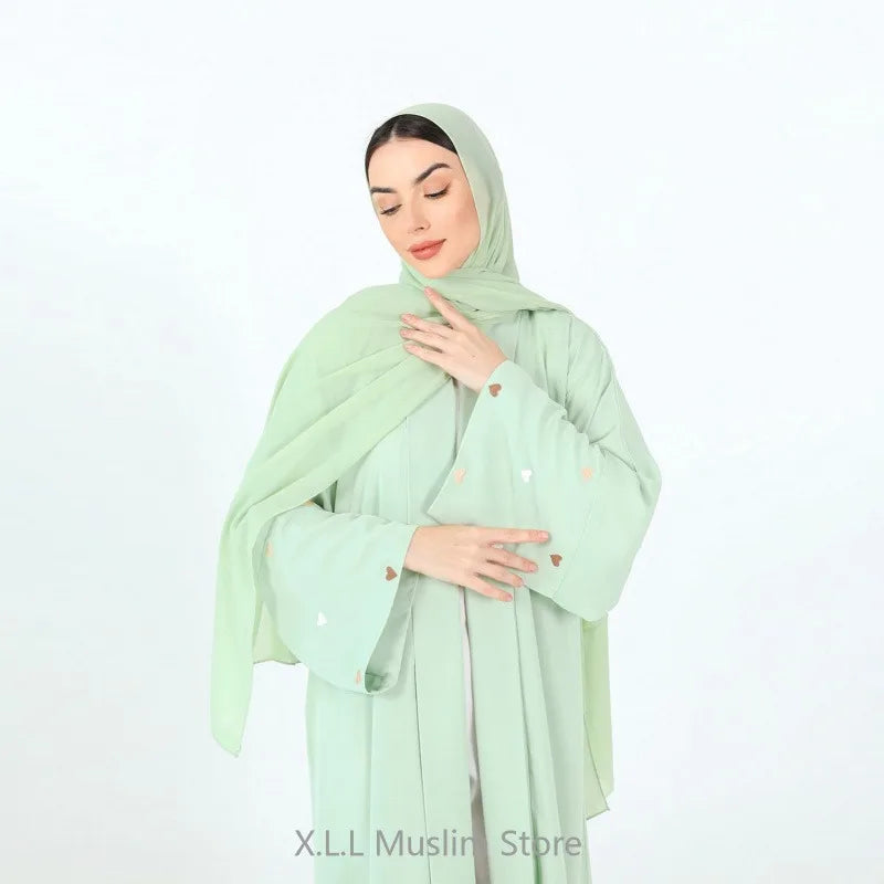 love heart embroidery soft open front abaya luxury kaftan women robe for stylish layering, comfortable fit, versatile cardigan - perfect for casual and formal occasions