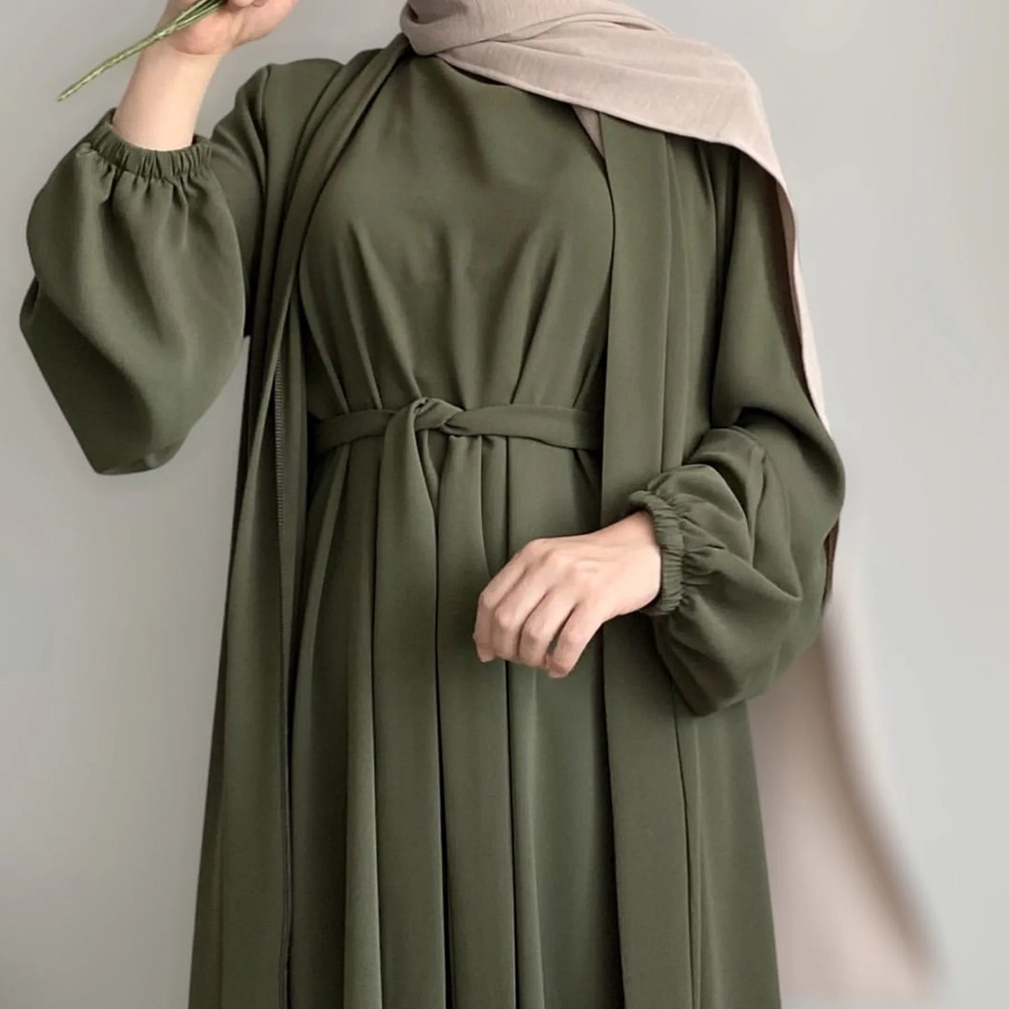 2/3 piece set solid color muslim dress loose long sleeves abaya clothing for women, modest fashion, lightweight ramadan outfit, elegant prayer dress with pockets and belt