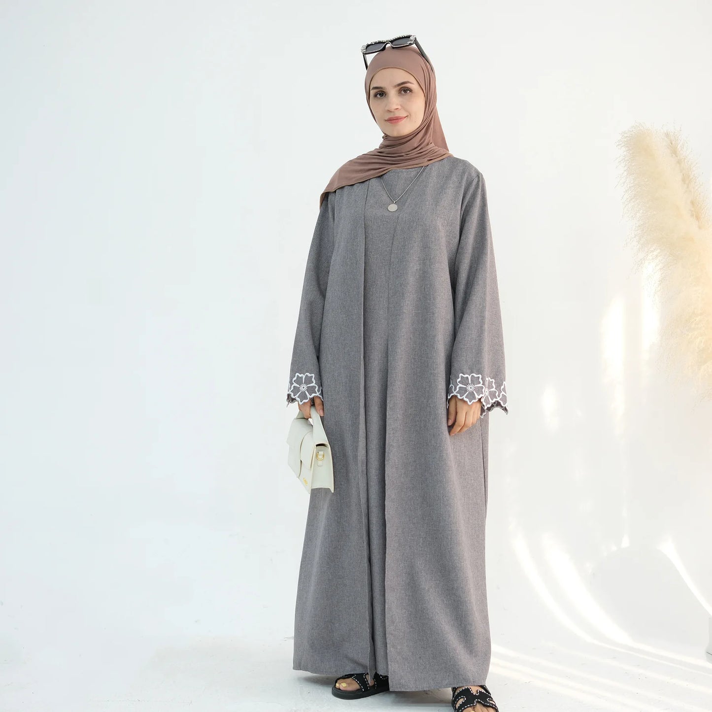 eid ramadan gray embroidery abaya dubai luxury muslim cardigan robe clothing for women, elegant islamic fashion, perfect for celebrations and casual wear