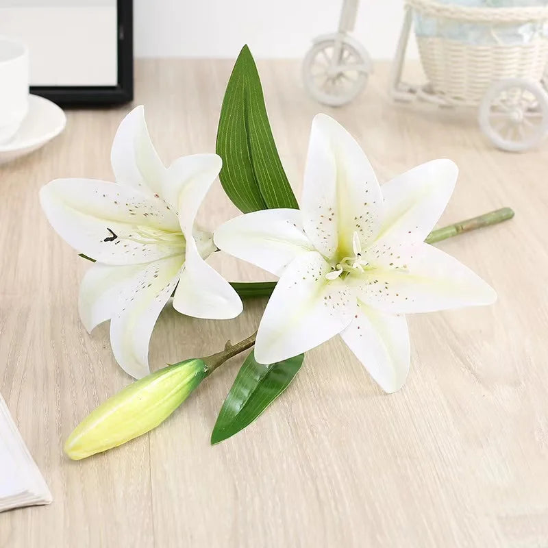 artificial lily flowers 3 heads, real touch plastic, white pink purple, wedding home party garden office indoor decor, 41cm long, 15cm bloom, floral arrangement