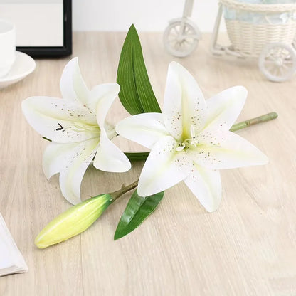 Artificial Lily Flowers 3 Heads, Real Touch Plastic, White Pink Purple, Wedding Home Party Garden Office Indoor Decor, 41CM Long, 15CM Bloom, Floral Arrangement