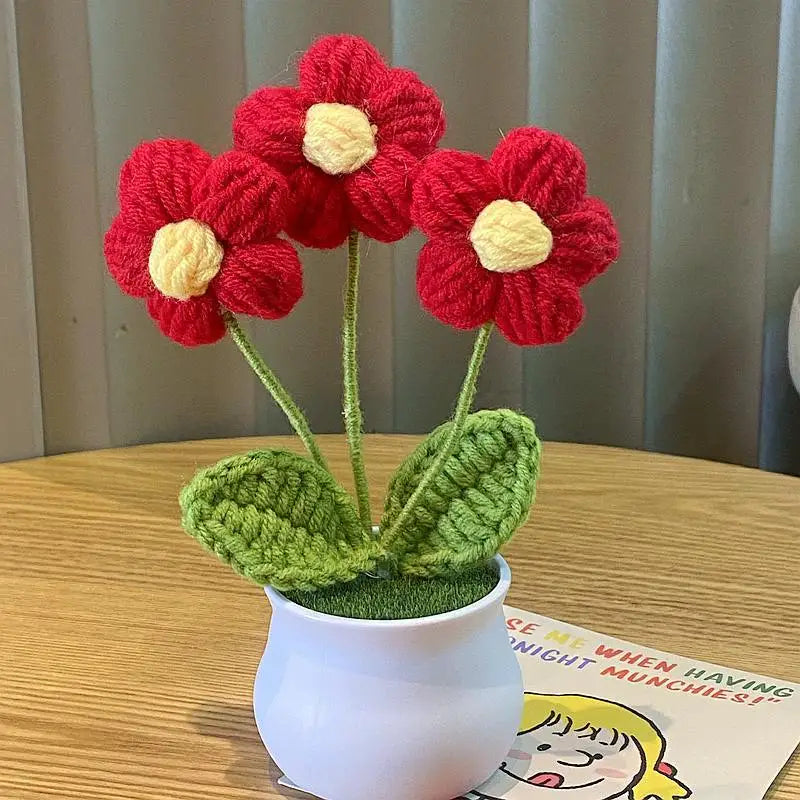 mini artificial rose decoration, handwoven wool plant for home, office desk ornament, perfect for anniversaries, birthdays, weddings, indoor bonsai style, pp material
