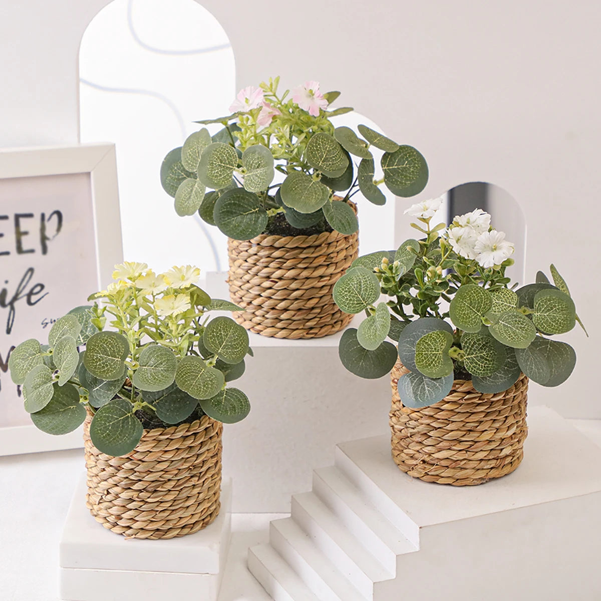 artificial eucalyptus plant, green potted grass, 11cm decorative plastic leaves for home, office, desktop, outdoor and exhibition usage