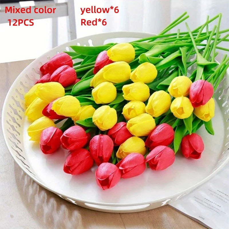 vibrant real touch artificial tulip bouquet, silk flower branches for home decor, wedding, anniversary, birthday, housewarming, indoor display