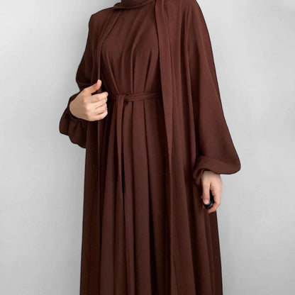 2/3 Piece Set Solid Color Muslim Dress Loose Long Sleeves Abaya Clothing for Women, Modest Fashion, Lightweight Ramadan Outfit, Elegant Prayer Dress with Pockets and Belt