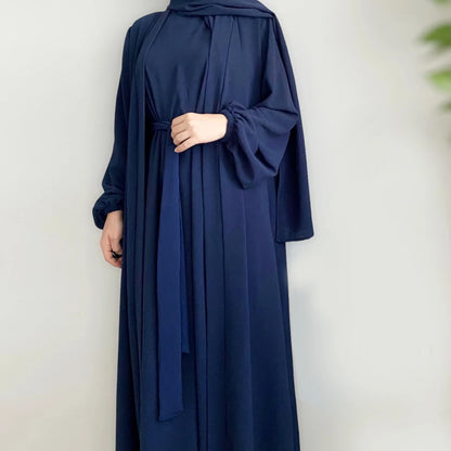 2/3 Piece Set Solid Color Muslim Dress Loose Long Sleeves Abaya Clothing for Women, Modest Fashion, Lightweight Ramadan Outfit, Elegant Prayer Dress with Pockets and Belt