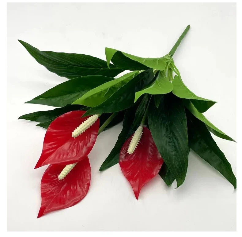 artificial green anthurium faux potted plant decoration, desktop ornament for home, wedding, anniversary, exhibition, outdoor use, plastic material, branch style